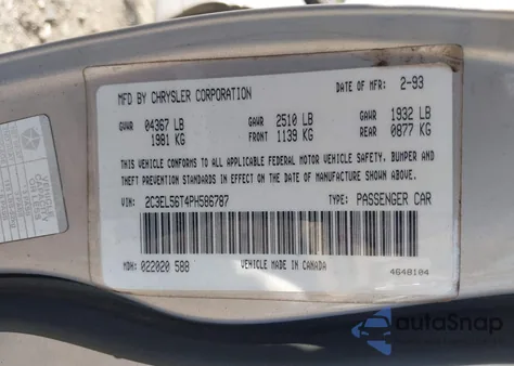 1993 Chrysler Concorde из США, поврежденный, VIN 2C3EL56T4PH586787